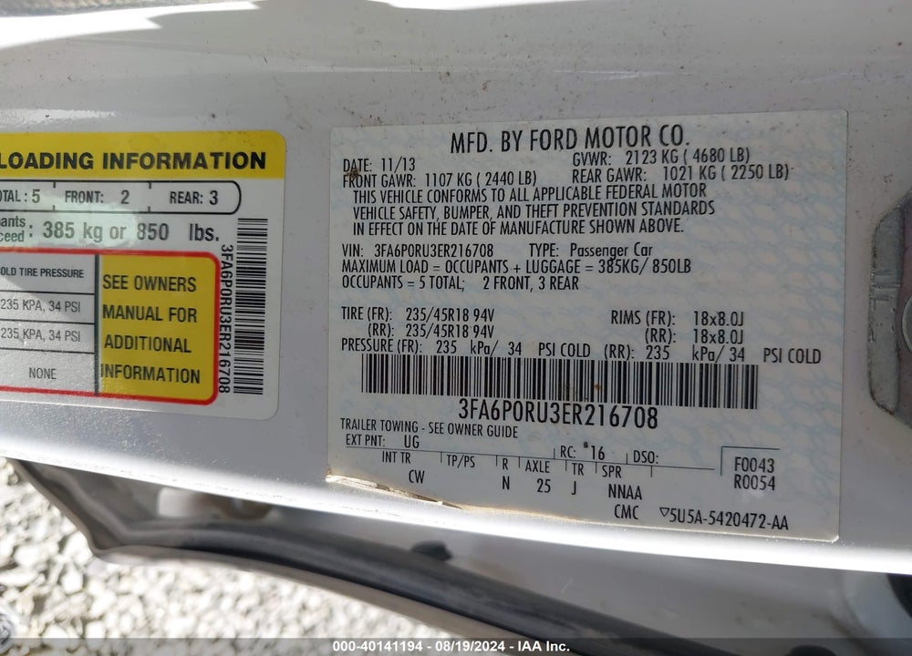 2014 FORD FUSION HYBRID TITANIUM VIN: 3FA6P0RU3ER216708
