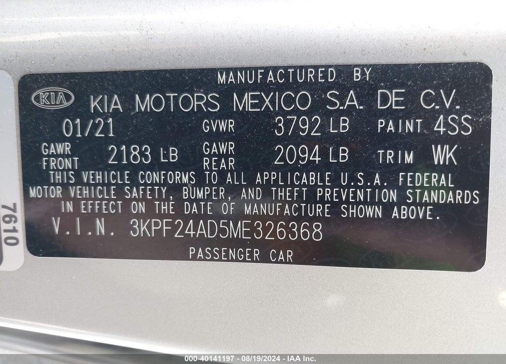 2021 KIA FORTE LXS VIN: 3KPF24AD5ME326368