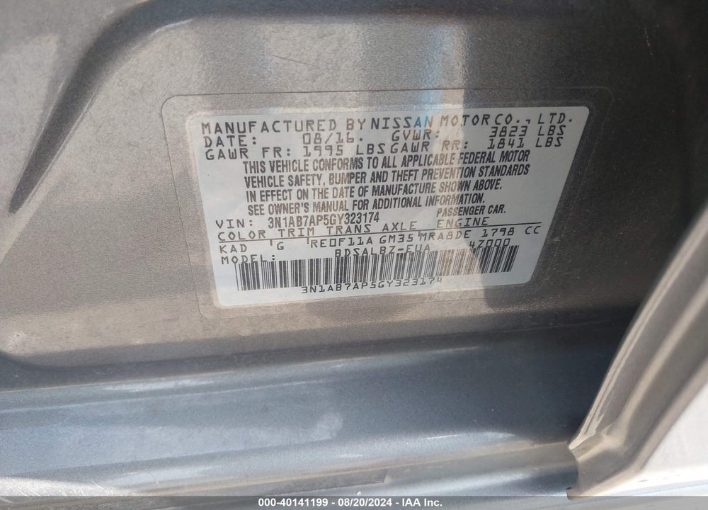 2016 NISSAN SENTRA S VIN: 3N1AB7AP5GY323174
