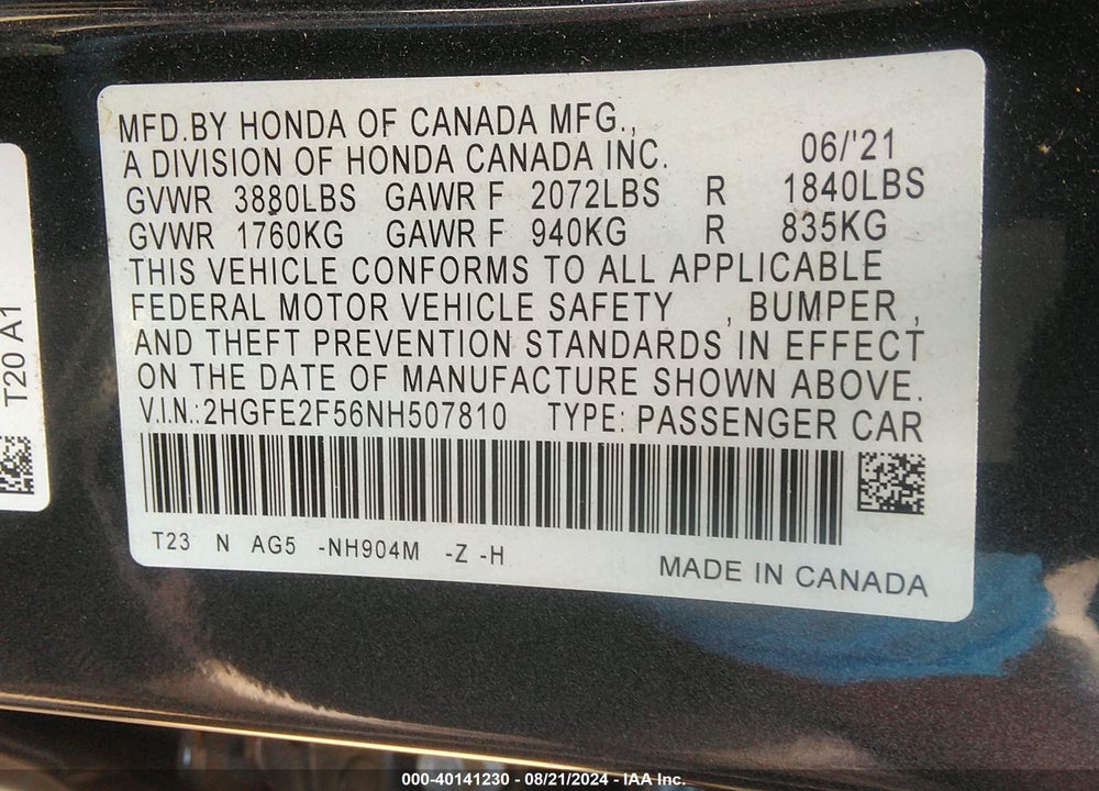 2022 HONDA CIVIC SPORT VIN: 2HGFE2F56NH507810