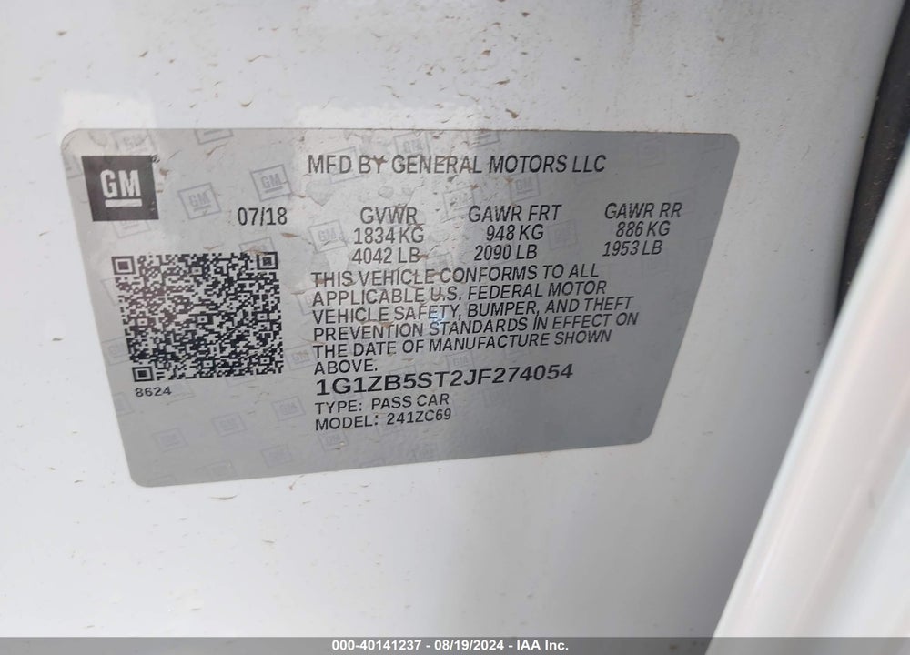 2018 CHEVROLET MALIBU 1LS VIN: 1G1ZB5ST2JF274054