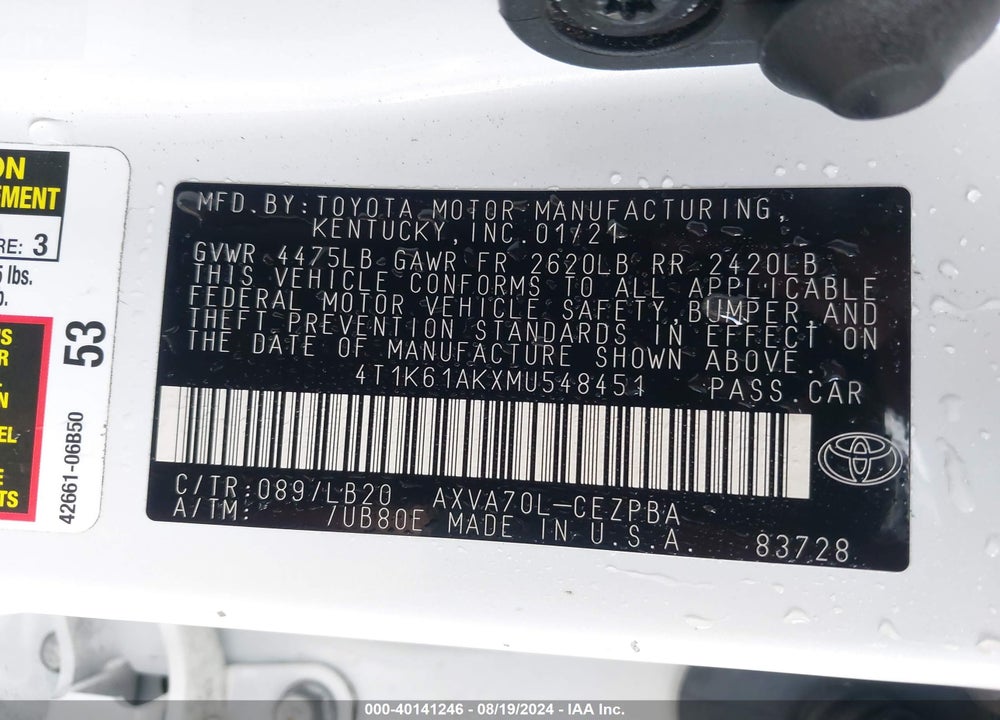 2021 TOYOTA CAMRY XSE VIN: 4T1K61AKXMU548451