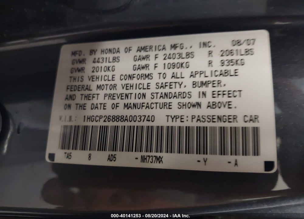 2008 HONDA ACCORD 2.4 EX-L VIN: 1HGCP26888A003740