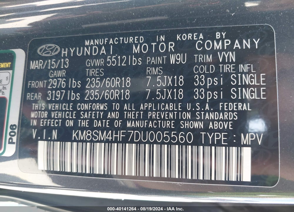 2013 HYUNDAI SANTA FE GLS VIN: KM8SM4HF7DU005560