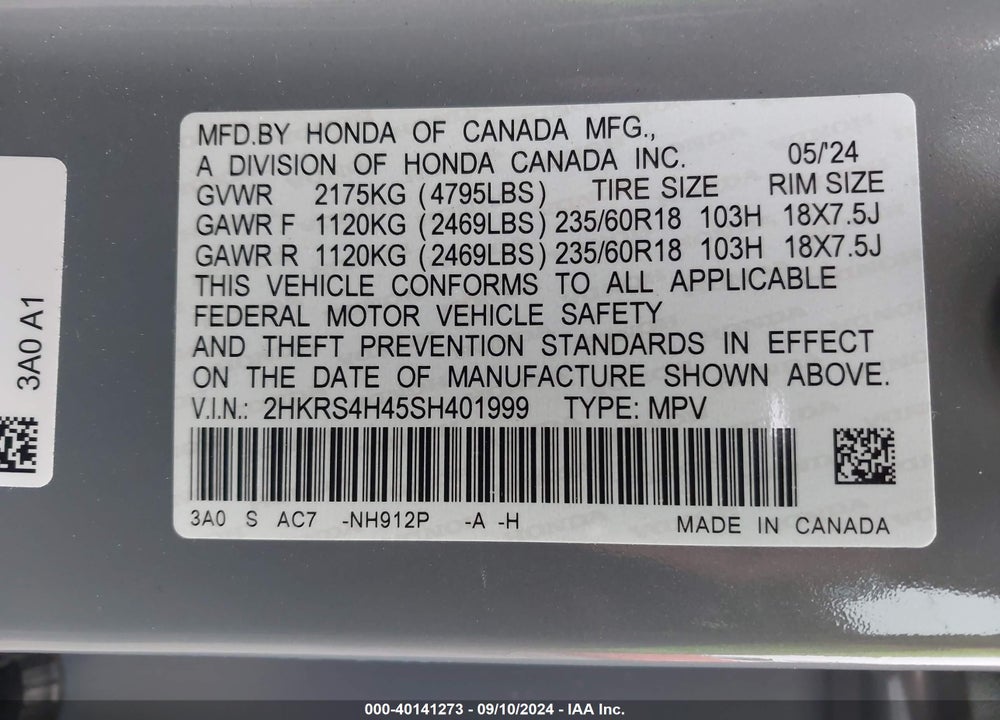 2025 HONDA CR-V VIN: 2HKRS4H45SH401999