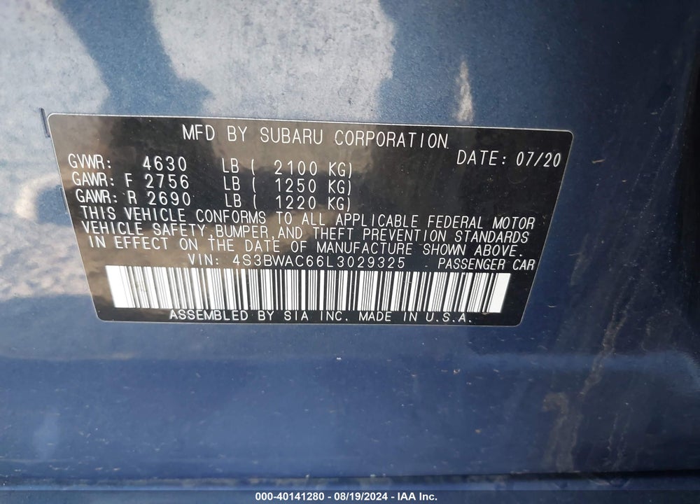 2020 SUBARU LEGACY PREMIUM VIN: 4S3BWAC66L3029325