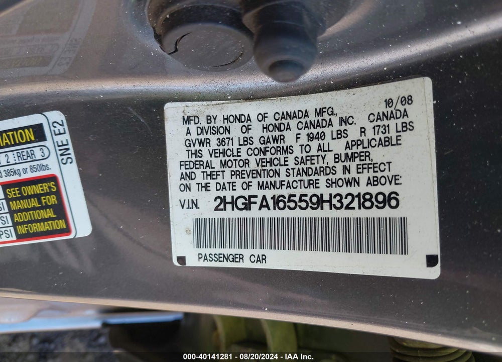 2009 HONDA CIVIC LX VIN: 2HGFA16559H321896