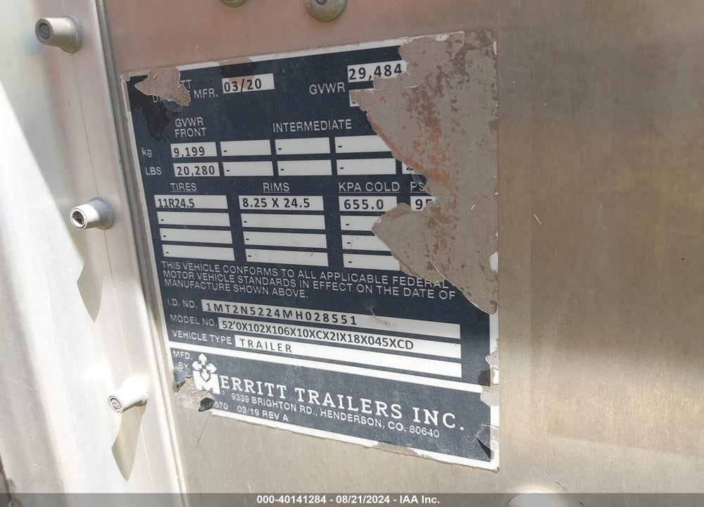 2021 MERRITT EQUIPMENT CO LIVE STOCK TRAILER VIN: 1MT2N5224MH028551