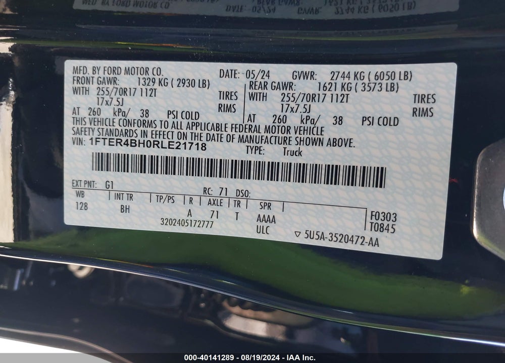 2024 FORD RANGER XL VIN: 1FTER4BH0RLE21718