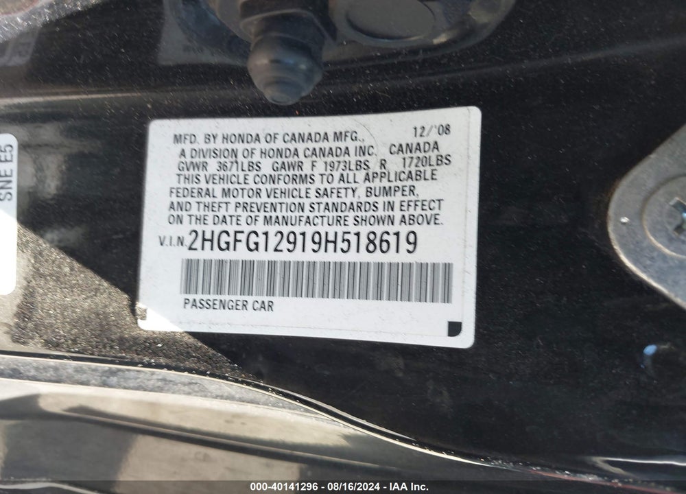 2009 HONDA CIVIC EX-L VIN: 2HGFG12919H518619