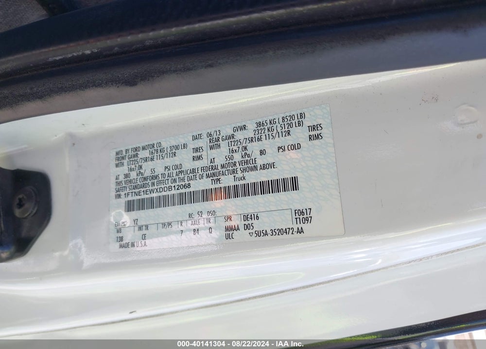 2013 FORD E-150 COMMERCIAL VIN: 1FTNE1EWXDDB12068