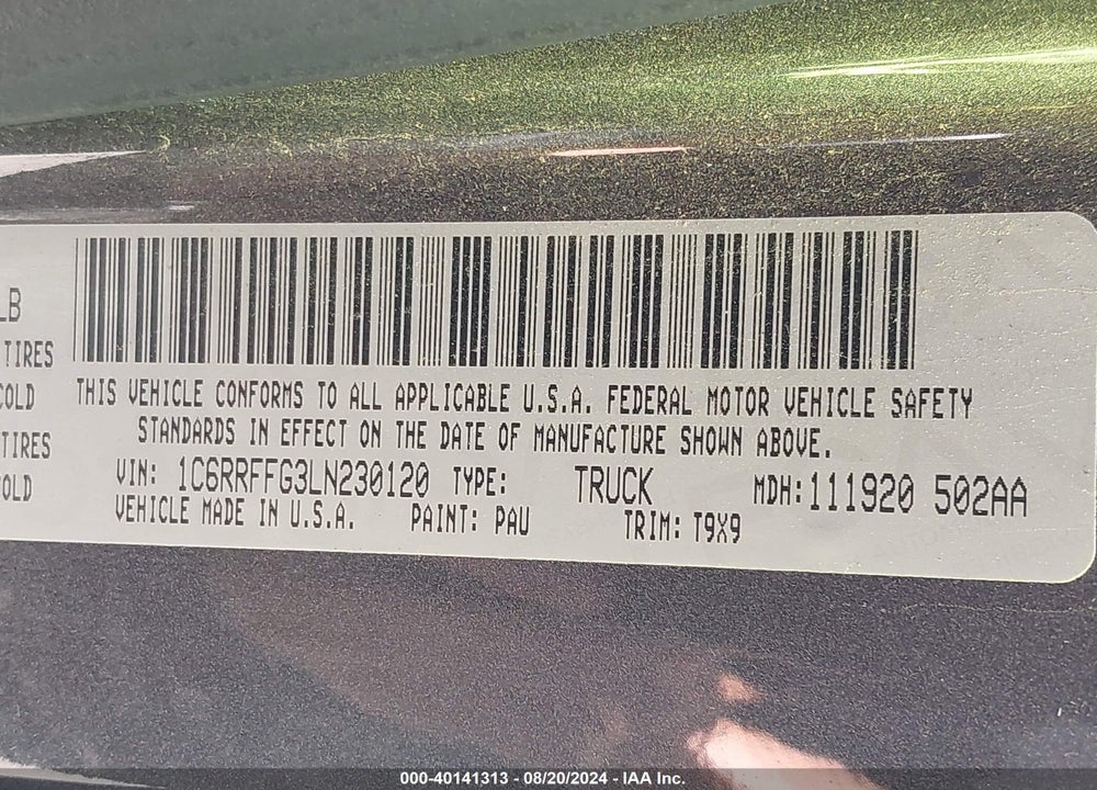 2020 RAM 1500 BIG HORN 4X4 5'7 BOX VIN: 1C6RRFFG3LN230120