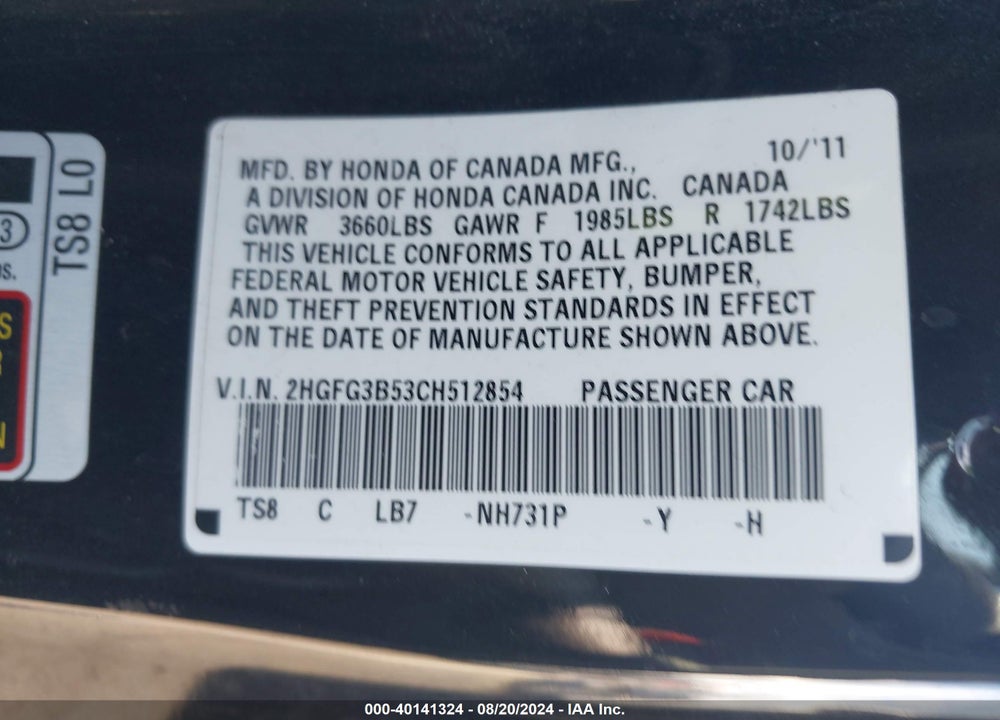 2012 HONDA CIVIC LX VIN: 2HGFG3B53CH512854