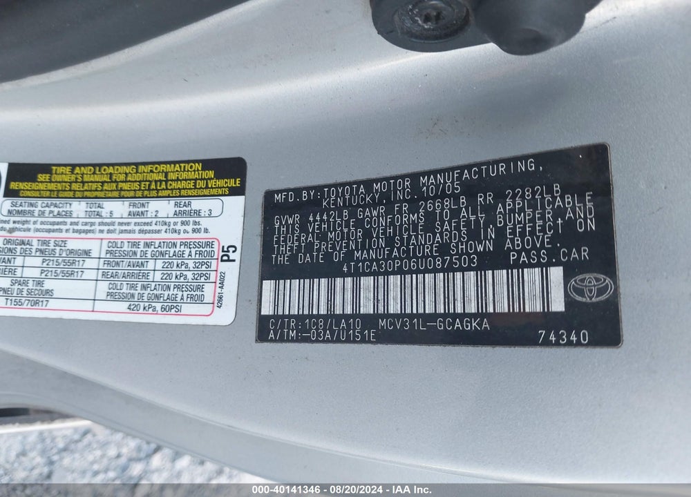 2006 TOYOTA CAMRY SOLARA SLE V6 VIN: 4T1CA30P06U087503