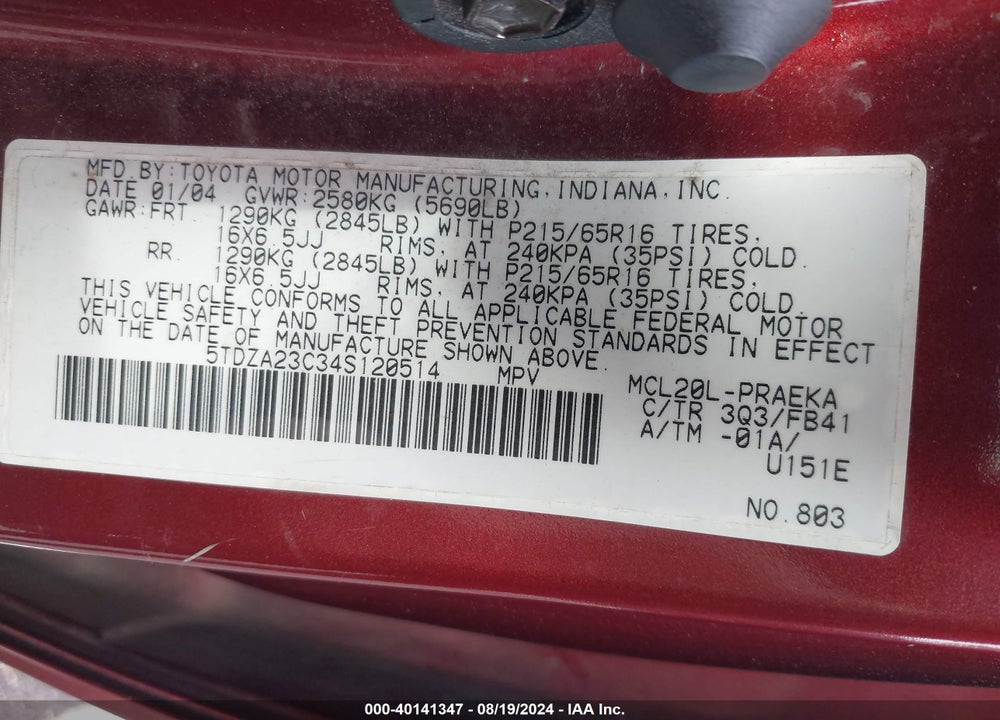 2004 TOYOTA SIENNA LE VIN: 5TDZA23C34S120514