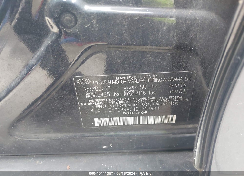 2013 HYUNDAI SONATA GLS VIN: 5NPEB4AC4DH723844
