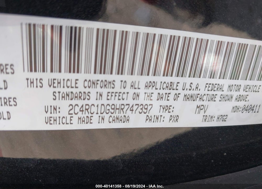 2017 CHRYSLER PACIFICA TOURING VIN: 2C4RC1DG9HR747397
