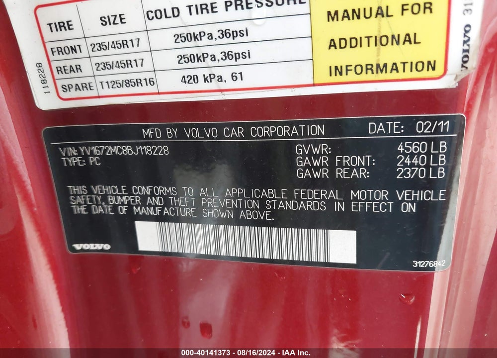 2011 VOLVO C70 T5 VIN: YV1672MC8BJ118228