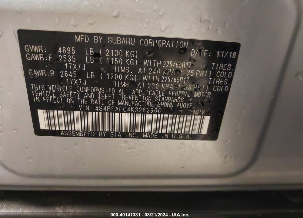 2019 SUBARU OUTBACK 2.5I PREMIUM VIN: 4S4BSAFC4K3262966