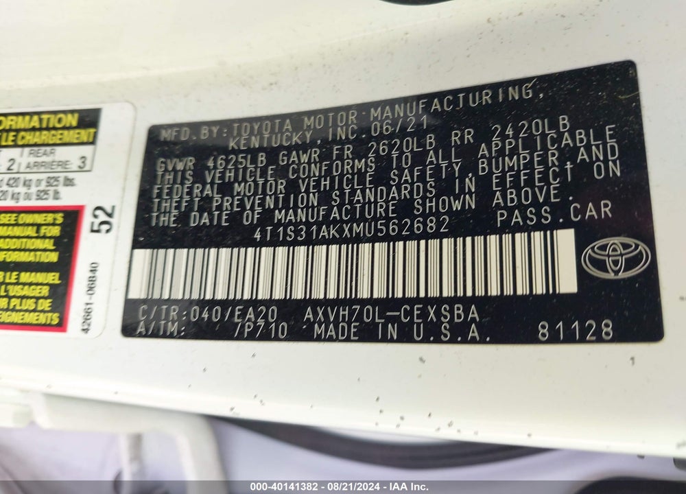 2021 TOYOTA CAMRY SE HYBRID VIN: 4T1S31AKXMU562682