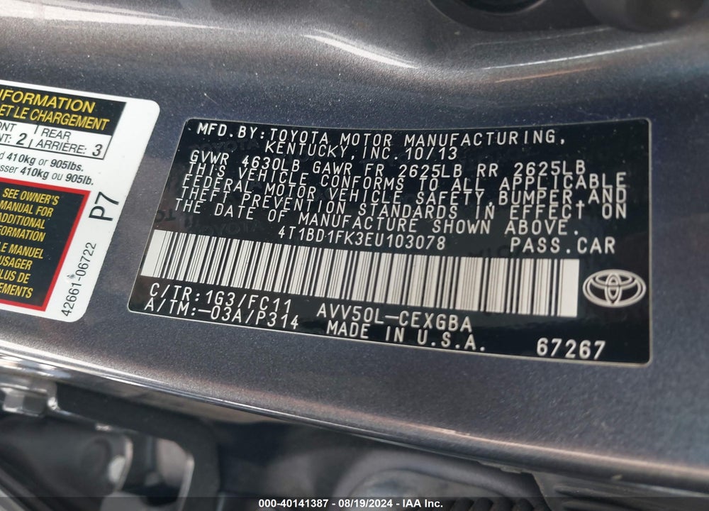 2014 TOYOTA CAMRY HYBRID VIN: 4T1BD1FK3EU103078