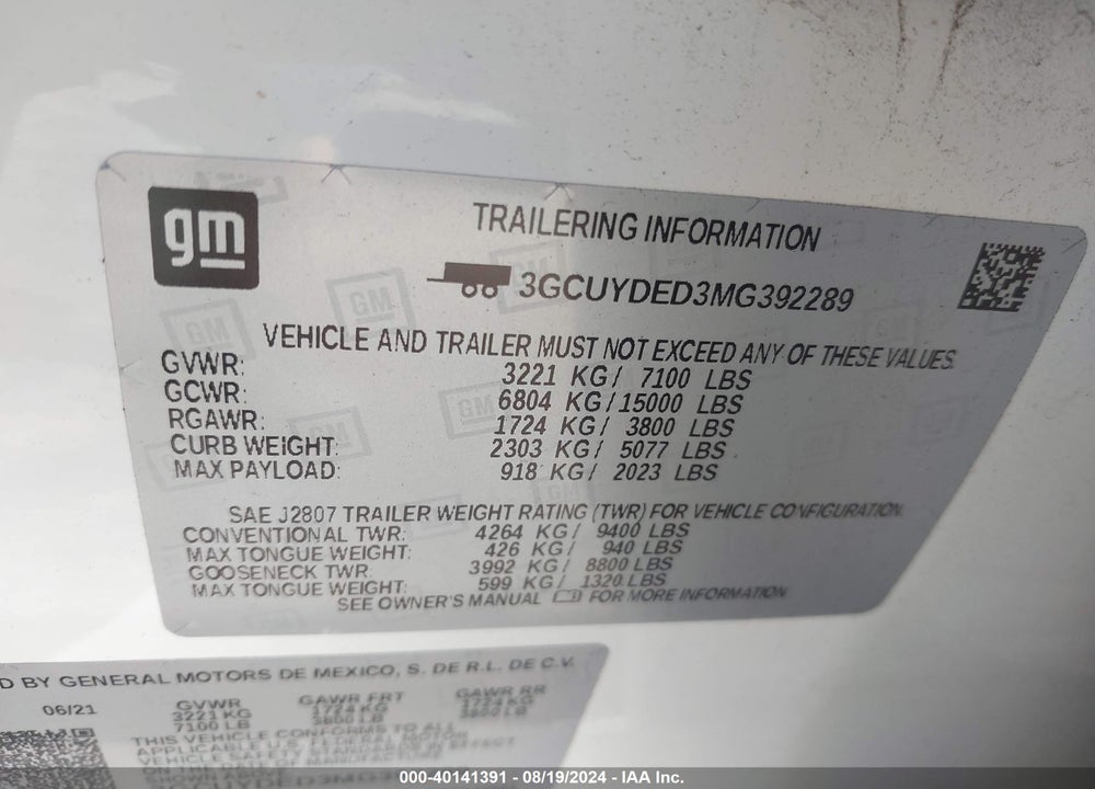 2021 CHEVROLET SILVERADO 1500 4WD SHORT BED LT VIN: 3GCUYDED3MG392289