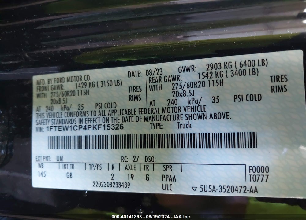 2023 FORD F-150 VIN: 1FTEW1CP4PKF15326