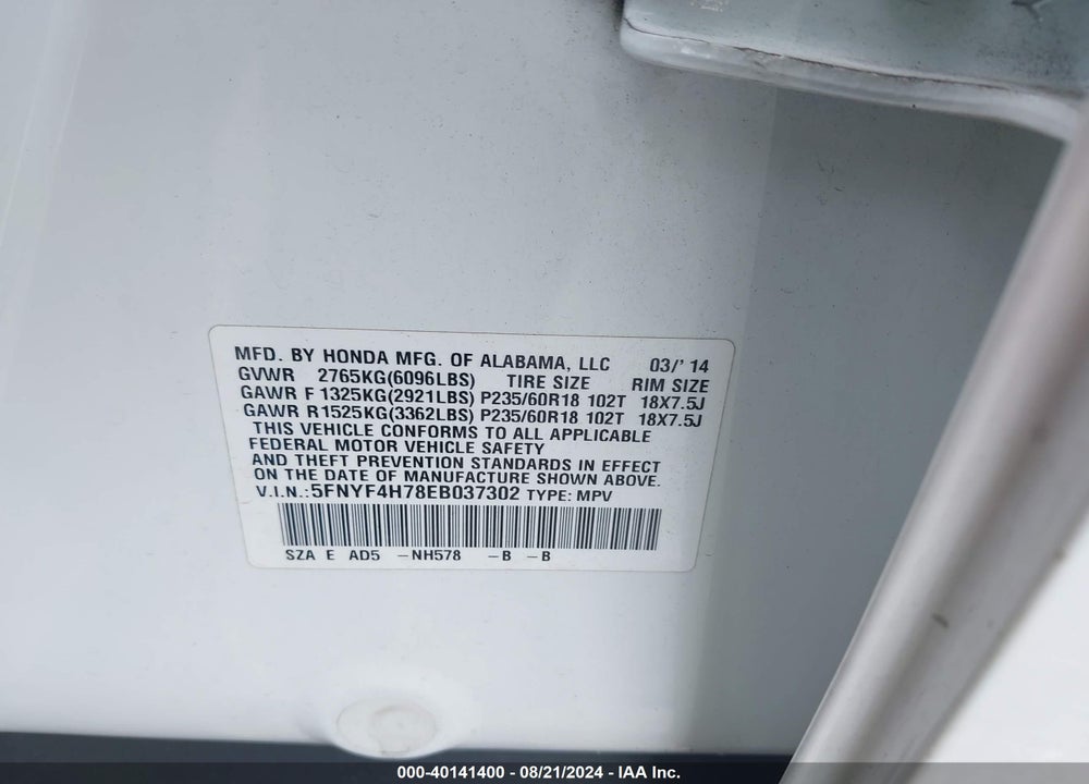 2014 HONDA PILOT EX-L VIN: 5FNYF4H78EB037302