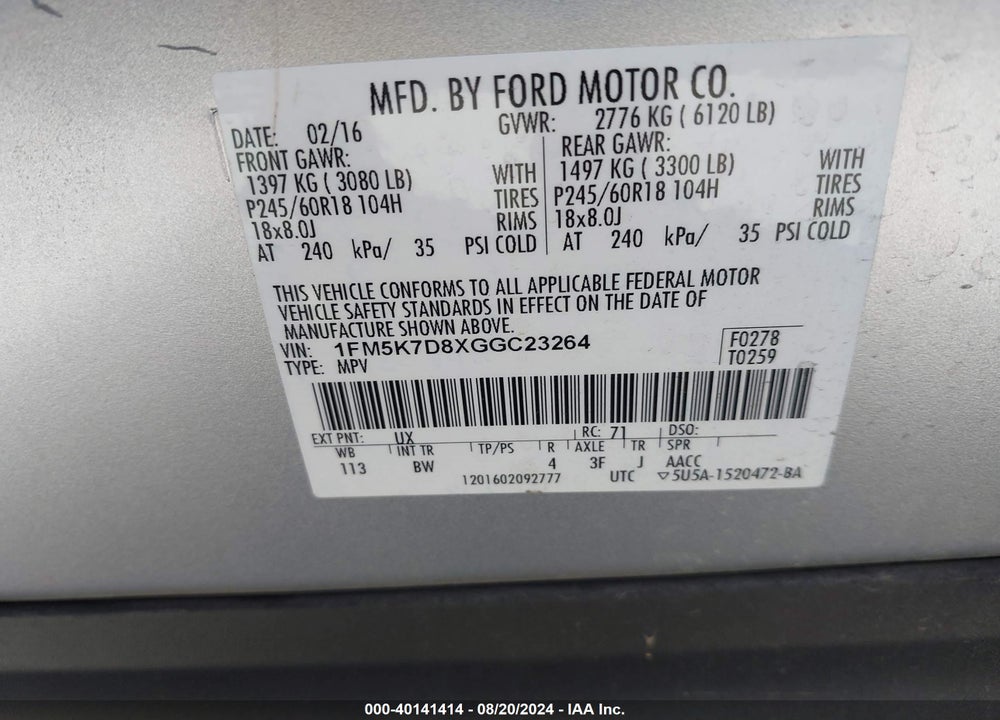 2016 FORD EXPLORER XLT VIN: 1FM5K7D8XGGC23264