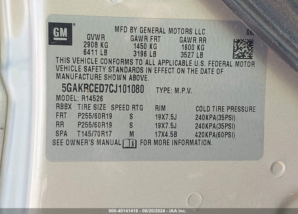 2012 BUICK ENCLAVE LEATHER VIN: 5GAKRCED7CJ101080