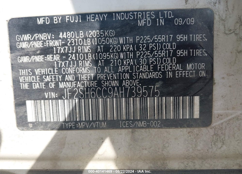 2010 SUBARU FORESTER 2.5X PREMIUM VIN: JF2SH6CC9AH739575