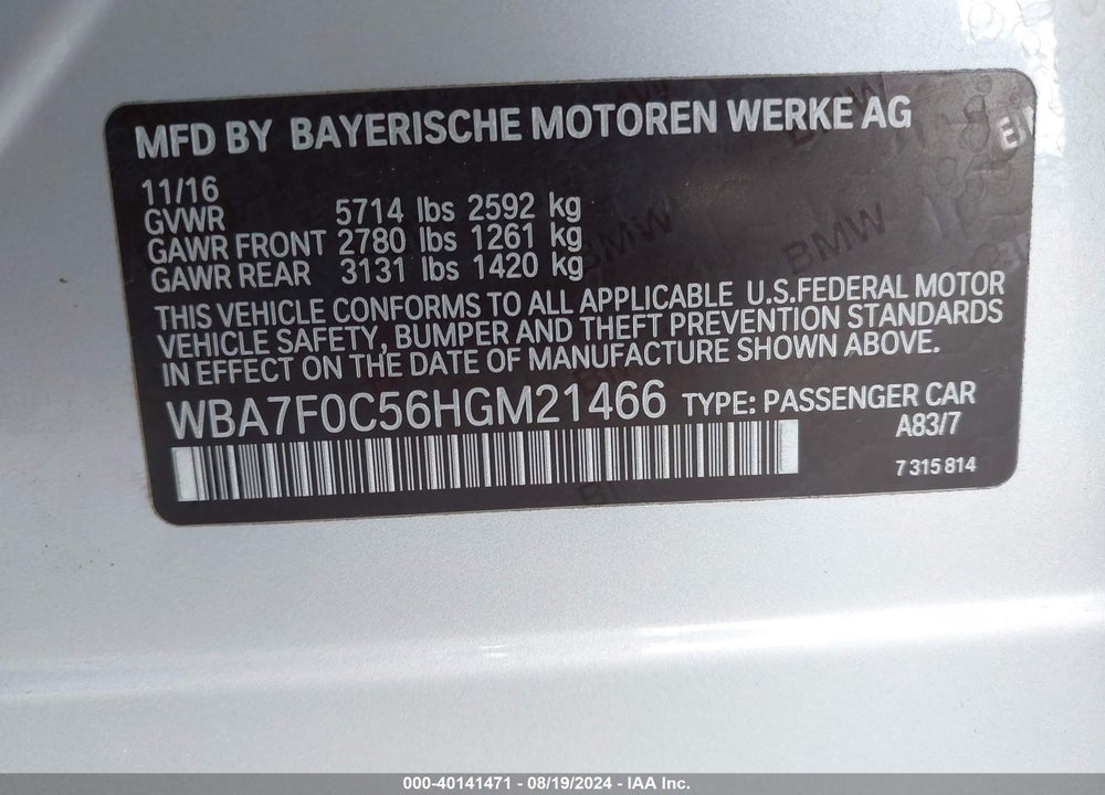 2017 BMW 750I VIN: WBA7F0C56HGM21466