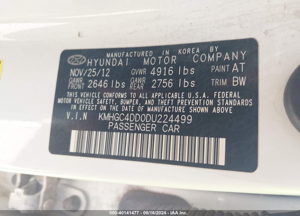 2013 HYUNDAI GENESIS 3.8 VIN: KMHGC4DD0DU224499