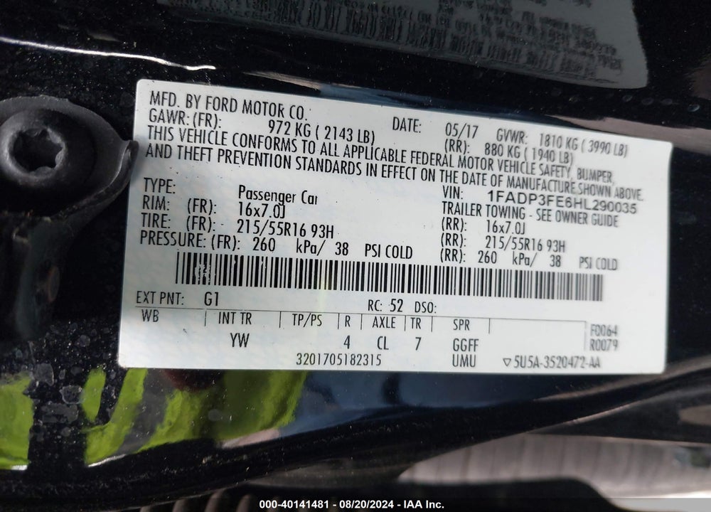 2017 FORD FOCUS SE VIN: 1FADP3FE6HL290035