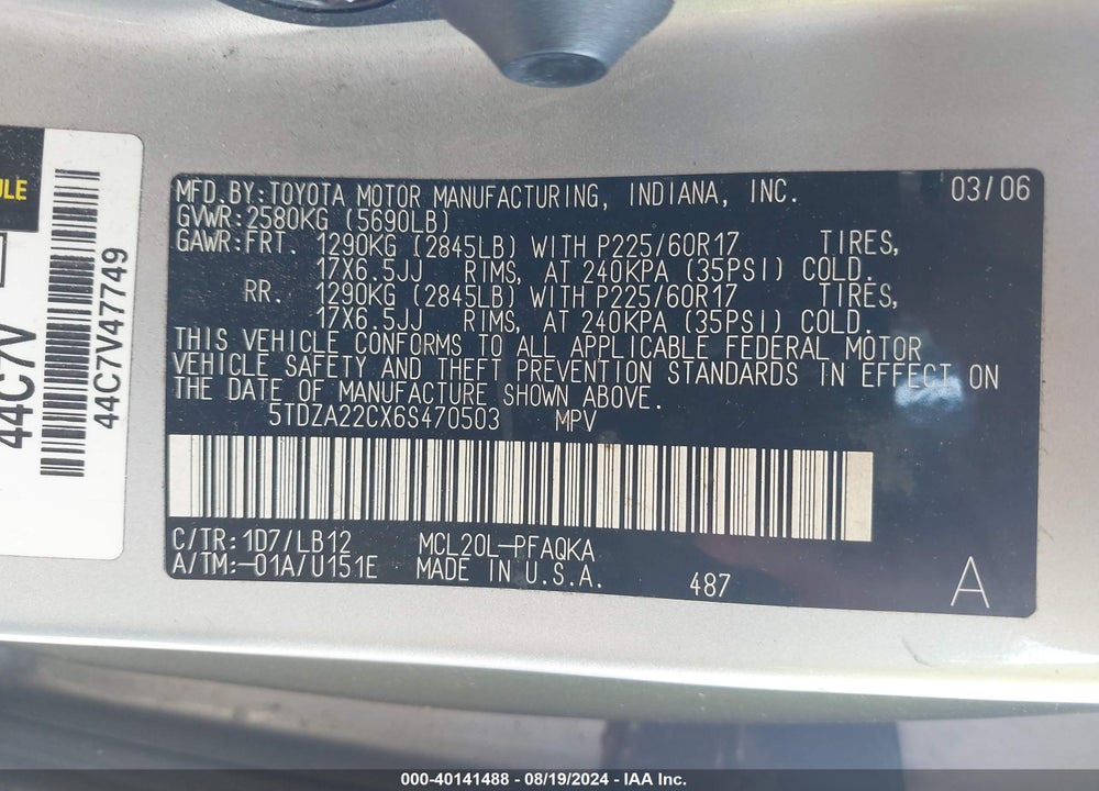 2006 TOYOTA SIENNA XLE VIN: 5TDZA22CX6S470503