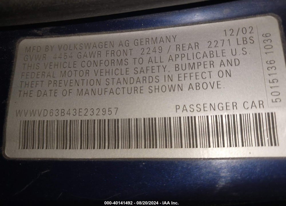 2003 VOLKSWAGEN PASSAT GLS VIN: WVWVD63B43E232957