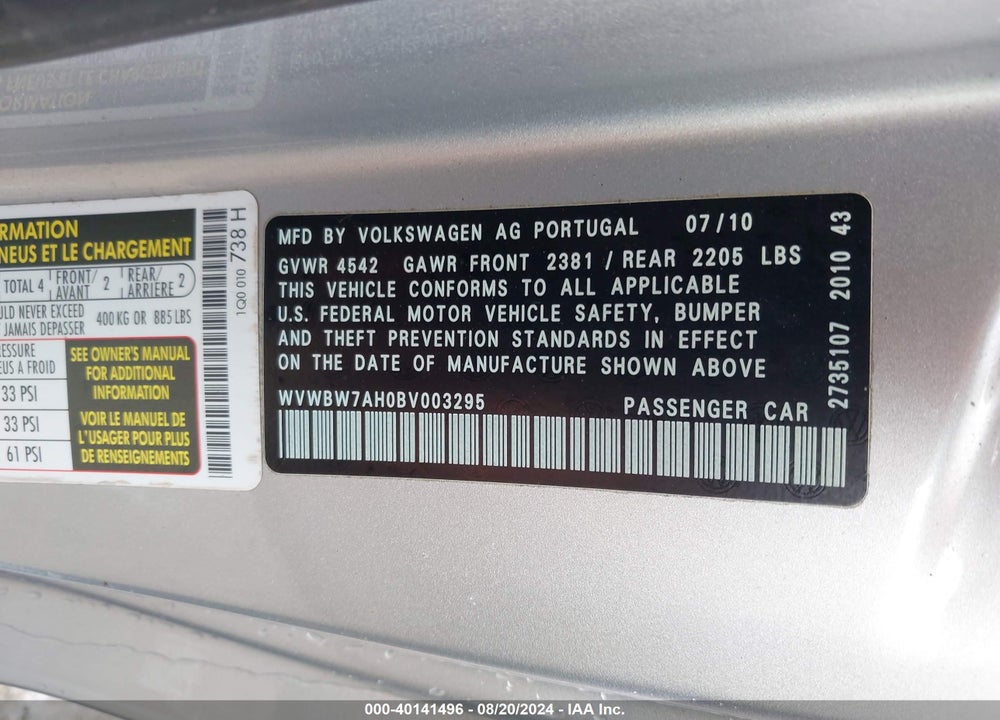 2011 VOLKSWAGEN EOS KOMFORT VIN: WVWBW7AH0BV003295
