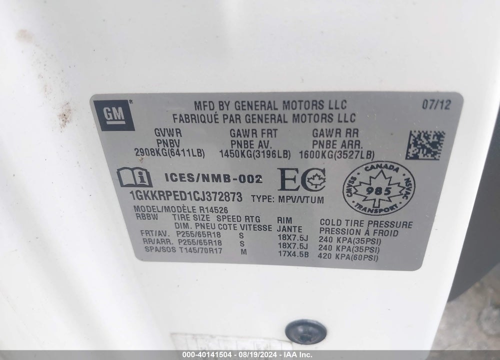 2012 GMC ACADIA SLE VIN: 1GKKRPED1CJ372873