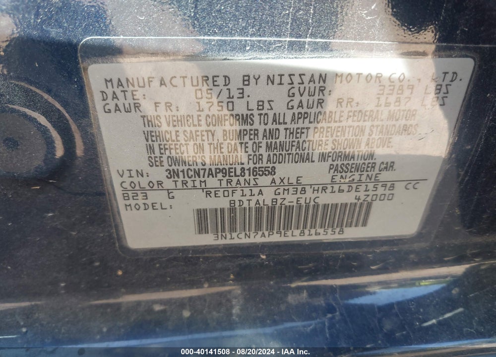 2014 NISSAN VERSA 1.6 SV VIN: 3N1CN7AP9EL816558