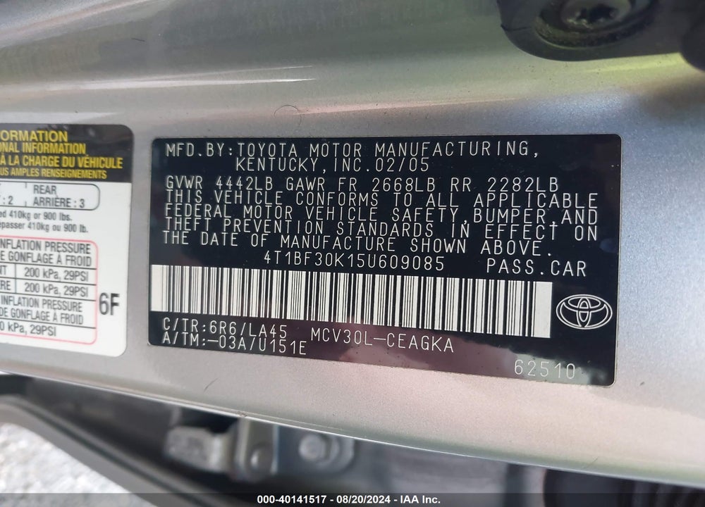 2005 TOYOTA CAMRY XLE V6 VIN: 4T1BF30K15U609085
