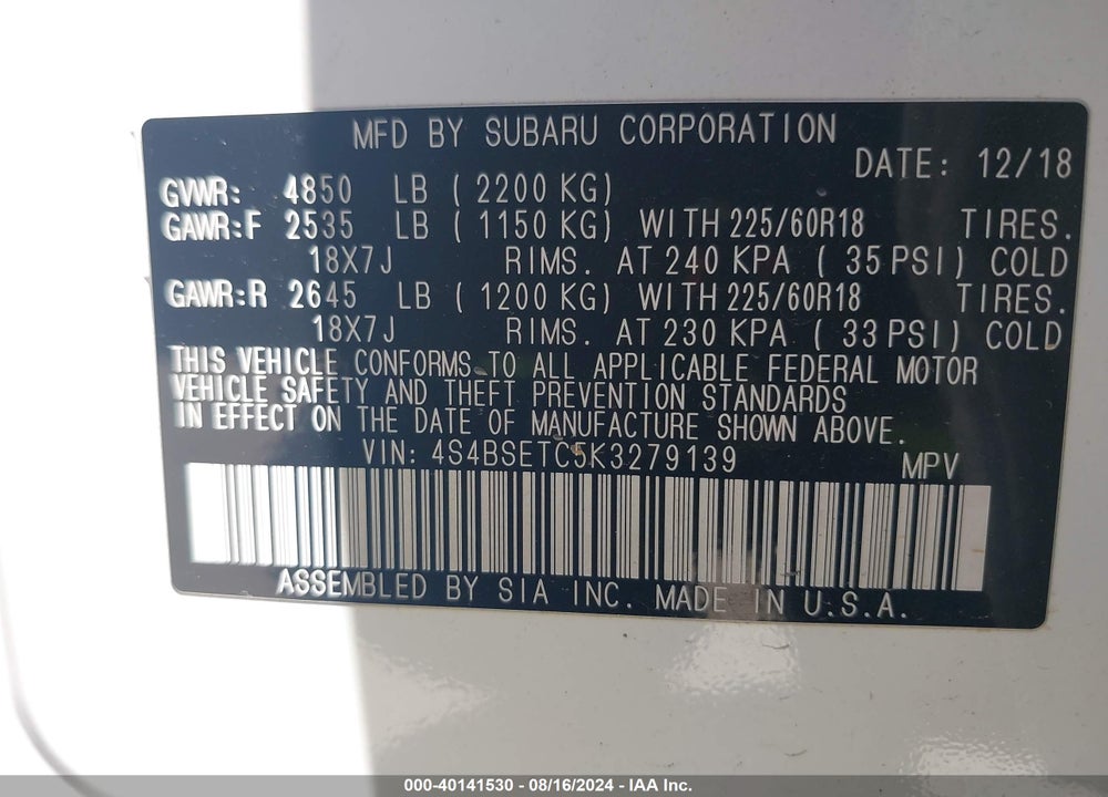 2019 SUBARU OUTBACK 3.6R TOURING VIN: 4S4BSETC5K3279139