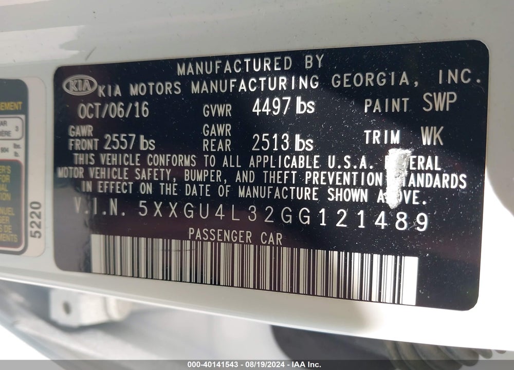 2016 KIA OPTIMA EX VIN: 5XXGU4L32GG121489
