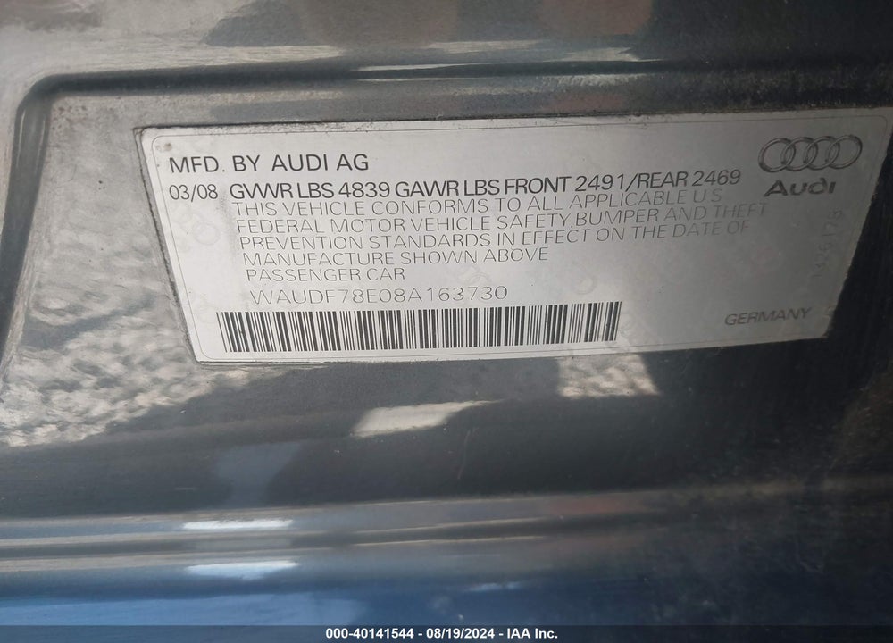 2008 AUDI A4 2.0T/2.0T SPECIAL EDITION VIN: WAUDF78E08A163730