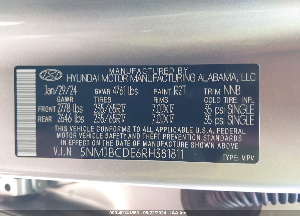 2024 HYUNDAI TUCSON SEL VIN: 5NMJBCDE6RH381811