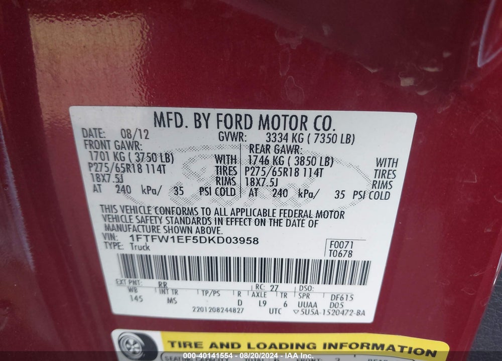 2013 FORD F-150 XLT VIN: 1FTFW1EF5DKD03958