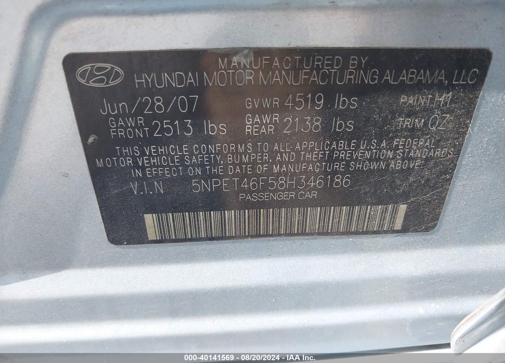 2008 HYUNDAI SONATA GLS V6 VIN: 5NPET46F58H346186