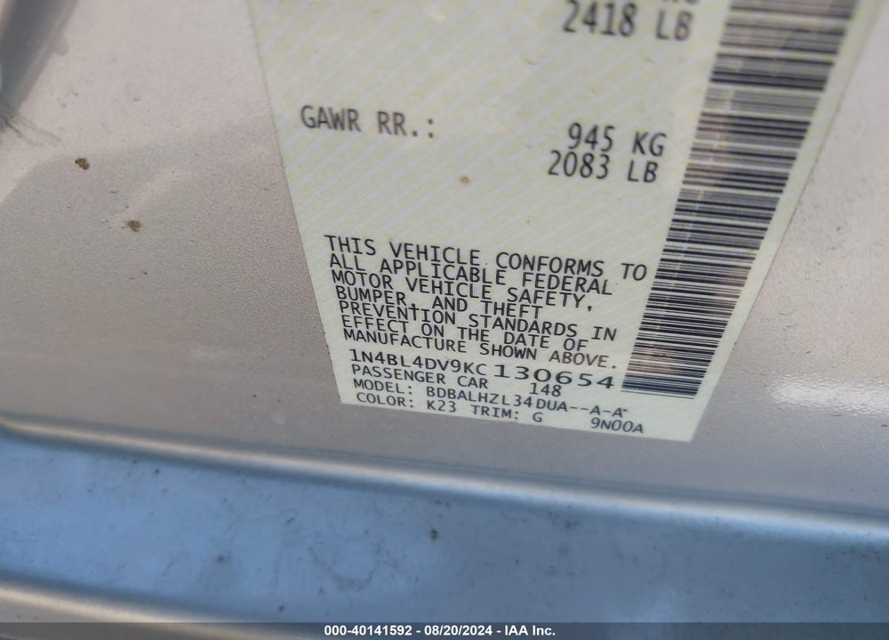 2019 NISSAN ALTIMA 2.5 SV VIN: 1N4BL4DV9KC130654