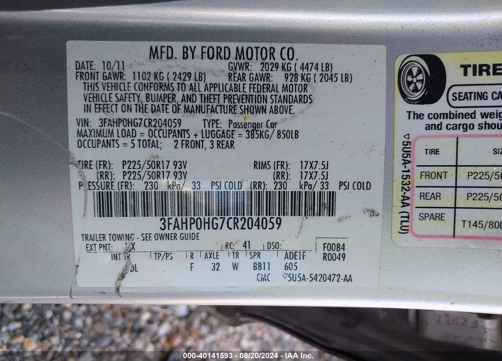 2012 FORD FUSION SE VIN: 3FAHP0HG7CR204059