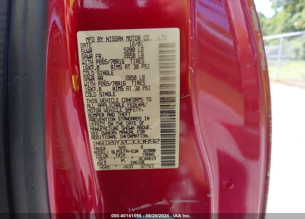 2002 NISSAN FRONTIER SE-V6 VIN: 1N6ED26Y32C333892