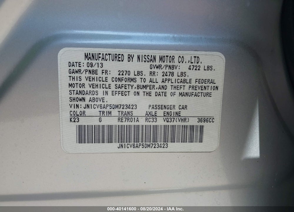2013 INFINITI G37 VIN: JN1CV6AP5DM723423